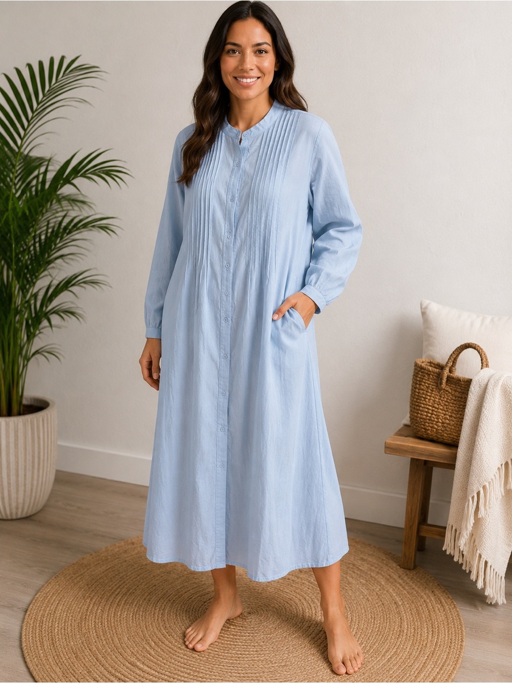 Women’s Light Blue Pleated Button Front Midi Shirt Dress Long Sleeve XL
